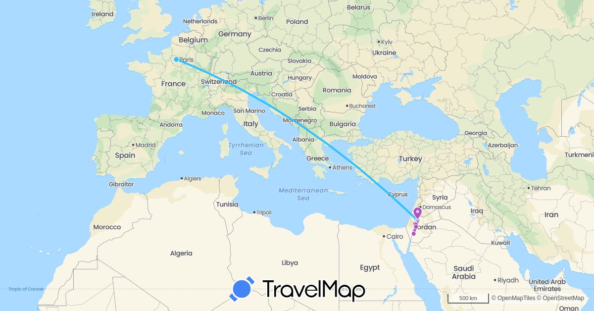 TravelMap itinerary: driving, train, boat in France, Jordan (Asia, Europe)